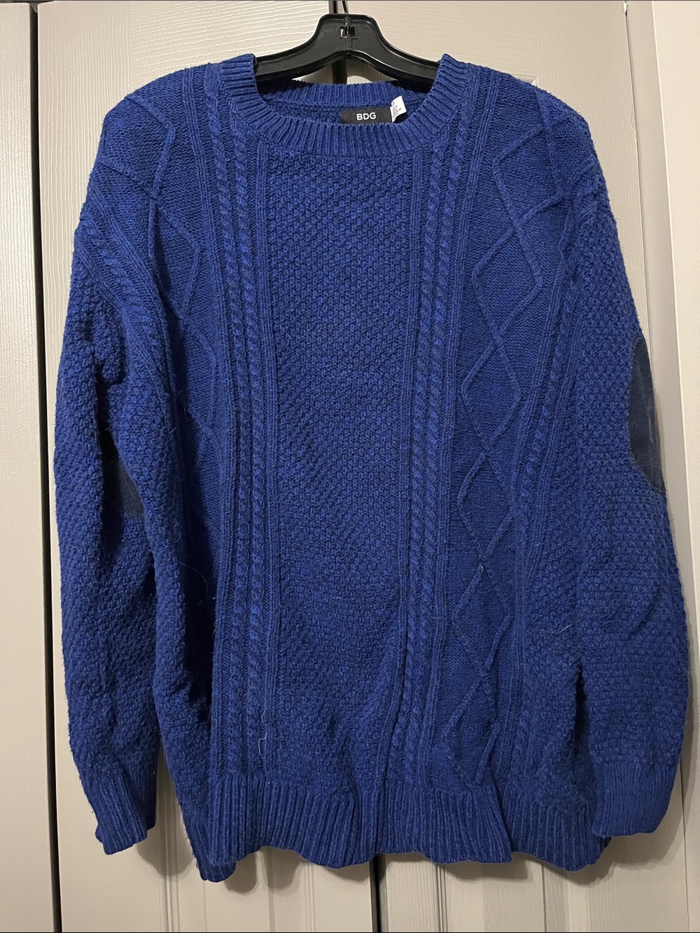 7/$20 BDG women’s  Cable Crewneck Sweater in Royal Blue with Elbow Patches